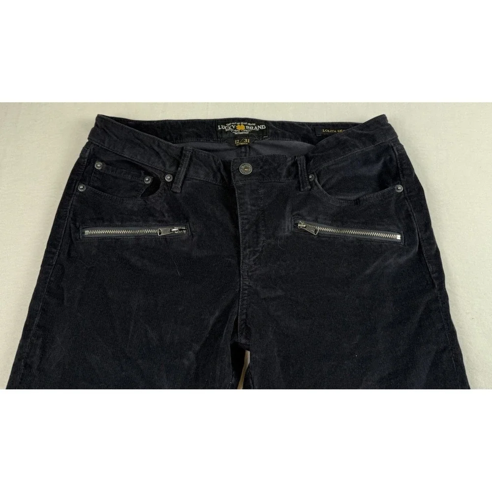 Lucky Brand Lolita Skinny Ankle Navy Corduroy Pant Size 12/31 Zipper Accents